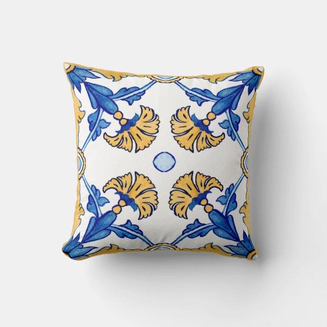 Coussin Été Méditerranée bleu fleurs jaunes (Recto)
