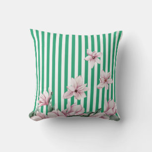 Coussin Été, printemps, imprimé magnolia rayé vert