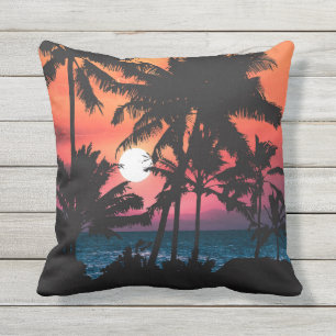 Coussin Été Tropical Pink Orange Palm Trees coucher du sol