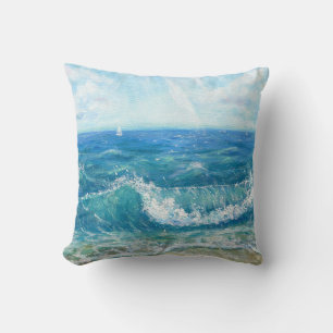 Coussin Eté, vagues bleues, peinture acrylique.