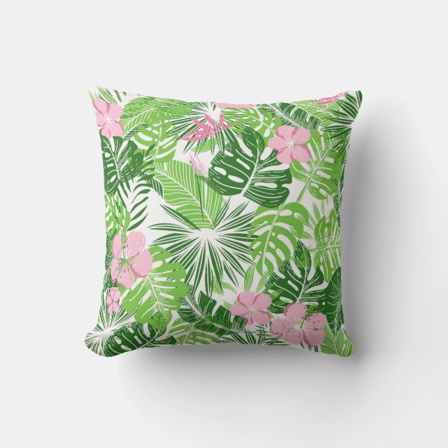 Coussin Été Vert Tropical Feuilles rose Floral (Recto)
