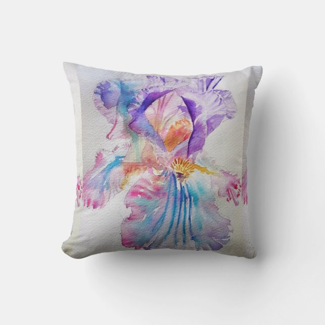 Coussin Ethérée Purple Iris Aquarelle floral Cushion (Recto)