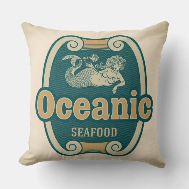 Coussin Étiquette de fruits de mer de sirène de style rétr (Recto)