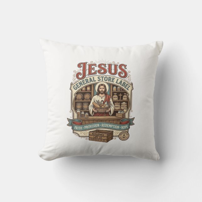 Coussin étiquette de magasin général Jésus Magasin général (Recto)