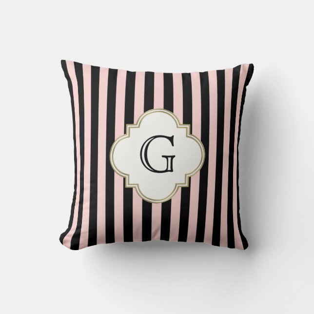 Coussin Étiquette de monogramme blanc en bande noire rose (Recto)