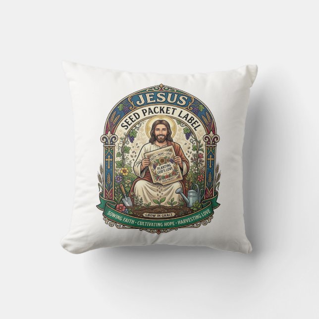 Coussin étiquette de paquet de graines de Jésus étiquette  (Recto)