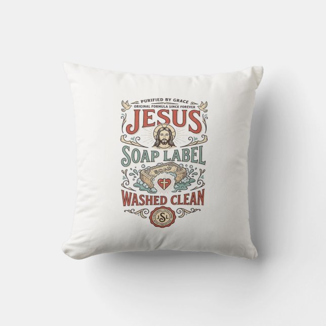 Coussin Étiquette de savon Jésus Lavé Propre Savon Jésus L (Recto)