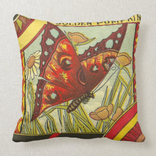 Coussin Étiquette vintage de caisse de citrouille d'or