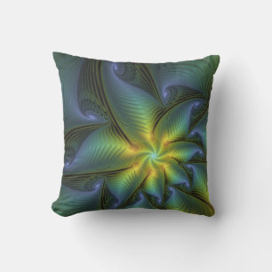 Coussin Étoile abstraite, art fractal doré bleu vert brill