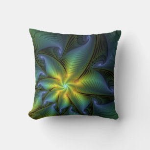 Coussin Etoile Abstraite, Bleu brillant Vert Or Fractal Ar