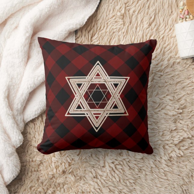Coussin Étoile de David | Rouge et noir de bisons rustique (Couverture)