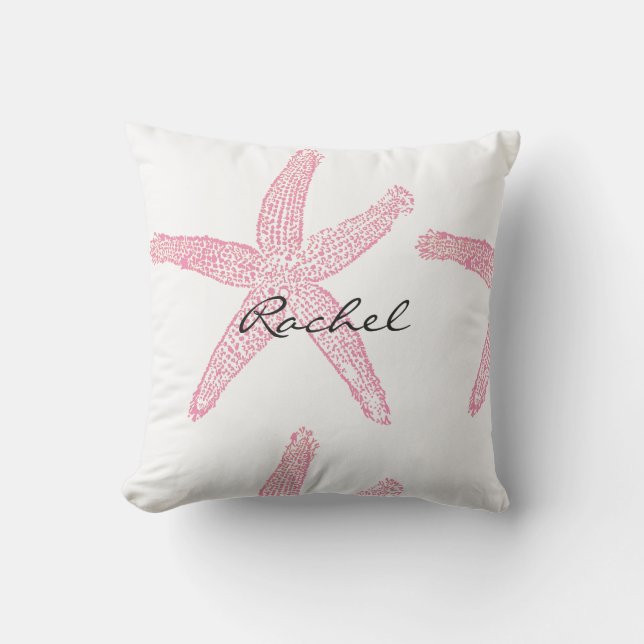 Coussin Étoile de mer Blanc Pastel Rose Blanc Nom Cadeau F (Recto)