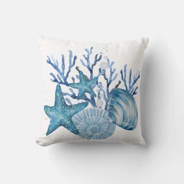 Coussin Étoile de mer Corail Bleu Aquarelle Art de plage (Recto)