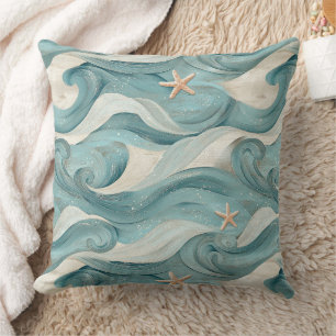 Coussin Étoile de mer côtière sur motif de vagues de sable