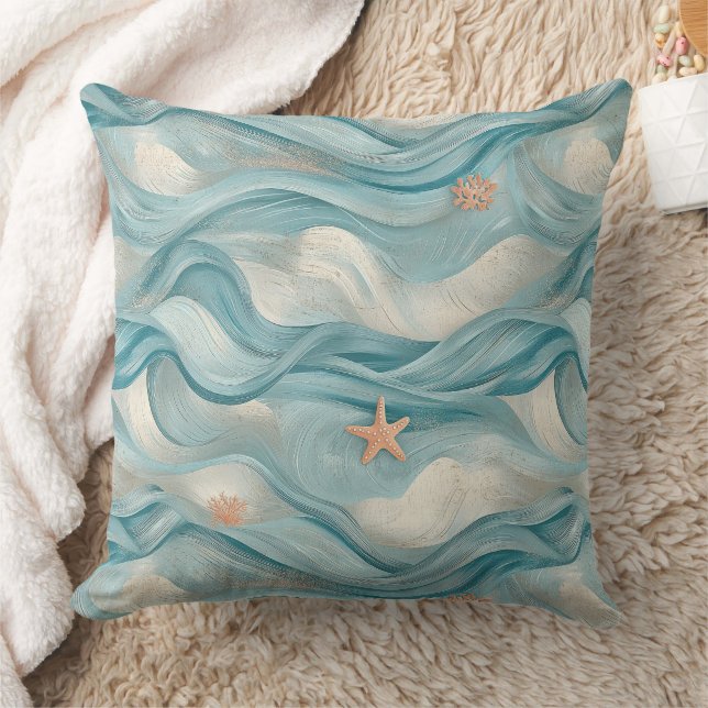 Coussin Étoile de mer côtière sur motif de vagues de sable (Couverture)