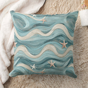 Coussin Étoile de mer côtière sur motif de vagues de sable