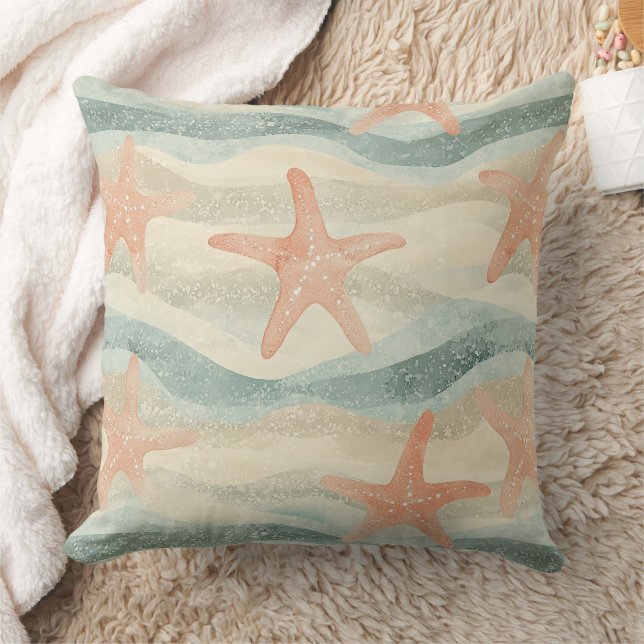 Coussin Étoile de mer côtière sur motif de vagues de sable (Couverture)