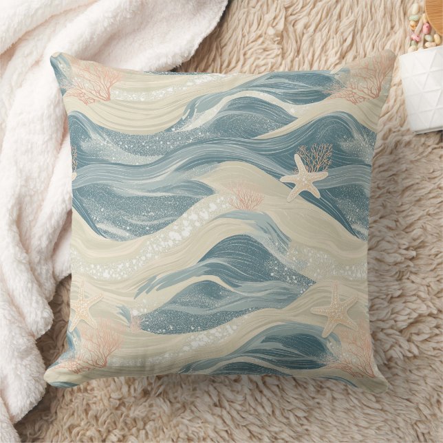 Coussin Étoile de mer côtière sur motif de vagues de sable (Couverture)