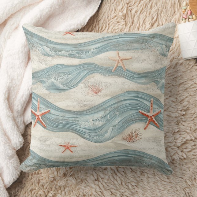 Coussin Étoile de mer côtière sur motif de vagues de sable (Couverture)
