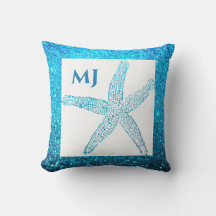Coussin Étoile de mer Pailletée Bleu Turquoise Monogramme 