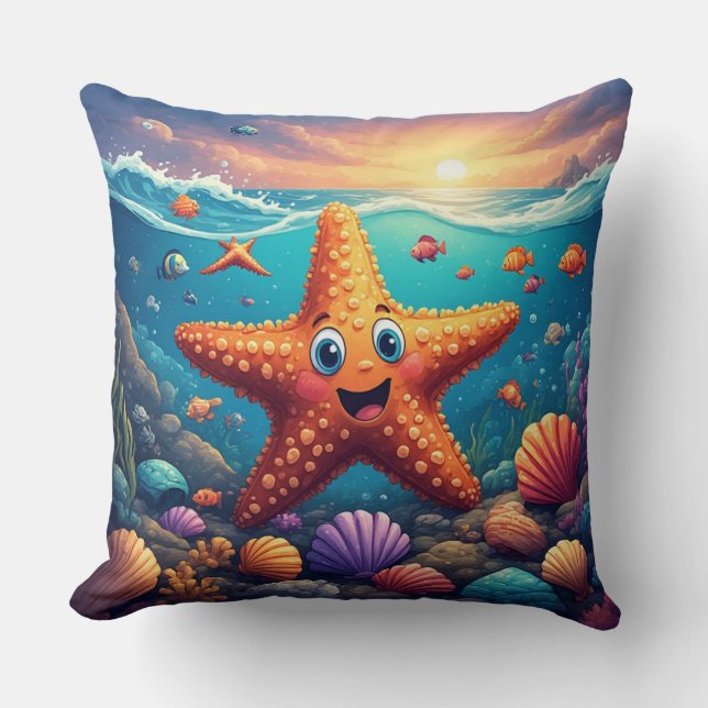 Coussin Étoile de mer souriante mignonne sur la plage (Recto)