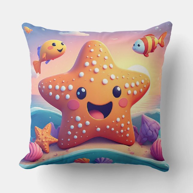 Coussin Étoile de mer souriante mignonne sur la plage (Recto)