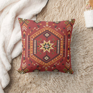 Coussin Étoile du désert nomade – Art tribal cramoisi vibr