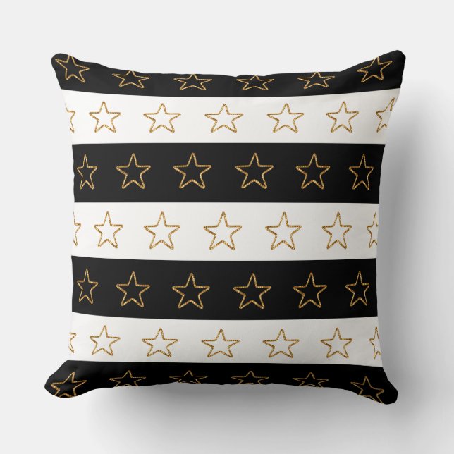 Coussin Étoiles brillantes chic sur bande noire et blanche (Recto)
