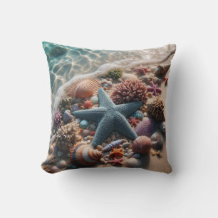 Coussin Étoiles de mer bleues douces coquillages plage