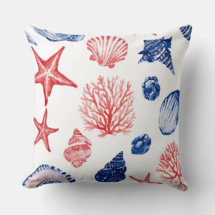 COUSSIN ÉTOILES DE MER COQUILLAGES & PLANTES ROUGE BLANC B