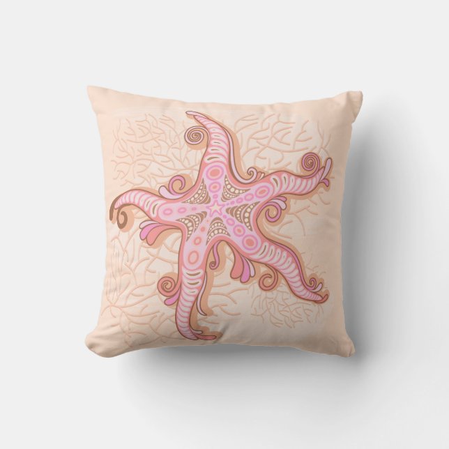 Coussin Étoiles de mer et motif pastel rose corail (Recto)