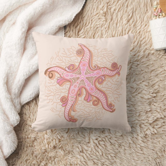 Coussin Étoiles de mer et motif pastel rose corail (Couverture)
