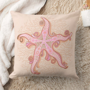 Coussin Étoiles de mer et motif pastel rose corail