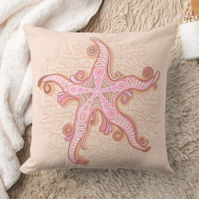 Coussin Étoiles de mer et motif pastel rose corail (Couverture)