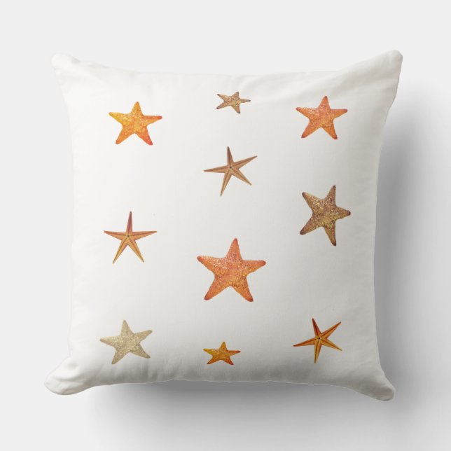 Coussin Étoiles de mer orange et beige sur fond blanc (Recto)