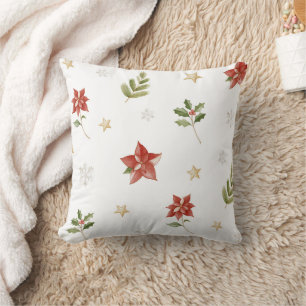 Coussin Étoiles Dorées Flocons de Neige Rouge Crème Noël