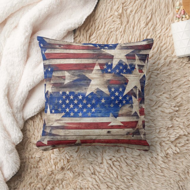 Coussin Étoiles et Bandes en Bois Rustique (Couverture)