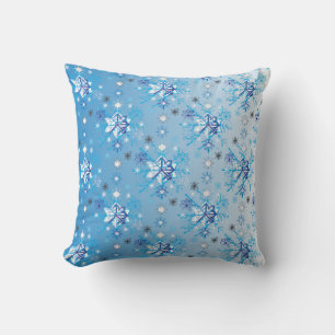 Coussin Étoiles et flocons de neige bleu et blanc complexe