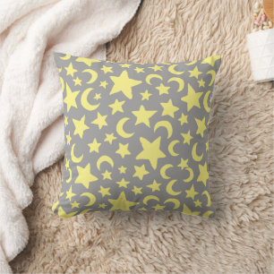 Coussin Étoiles et lunes gris et jaunes