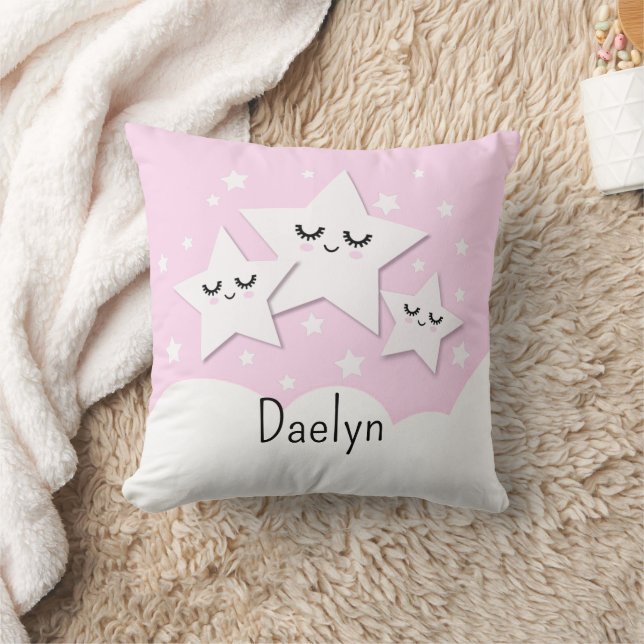 Coussin Étoiles et Nuages Mignons en Rose pour Enfants (Couverture)
