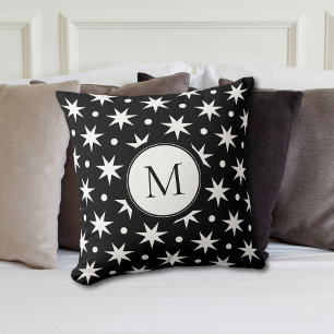 Coussin Étoiles Et Points Blancs Sur Monogramme Noir