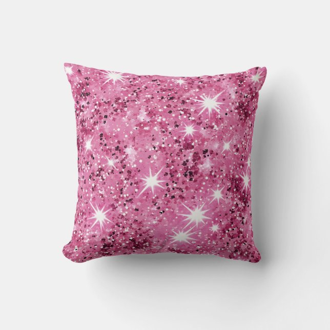 Coussin Étoiles Rose Chaud Paillettes Brillantes  (Recto)