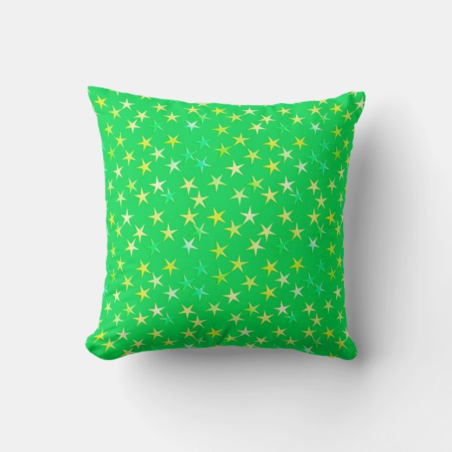 Coussin Étoiles satinées, vert et jaune sur vert citron (Recto)