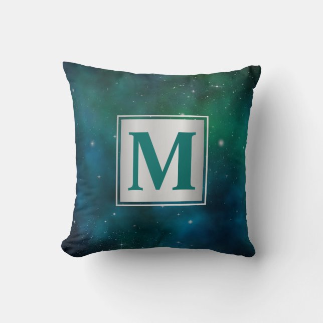 Coussin Étoiles scintillantes sur fond spatial bleu et ver (Recto)