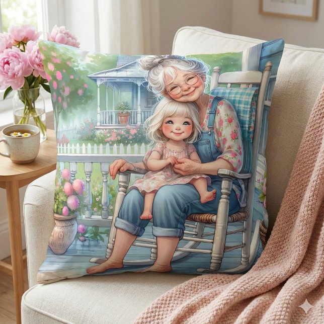 Coussin Étreinte de grand-mère et petite-fille sur la véra (Grandmother Granddaughter Porch Embrace Throw Pillow Mockup A)