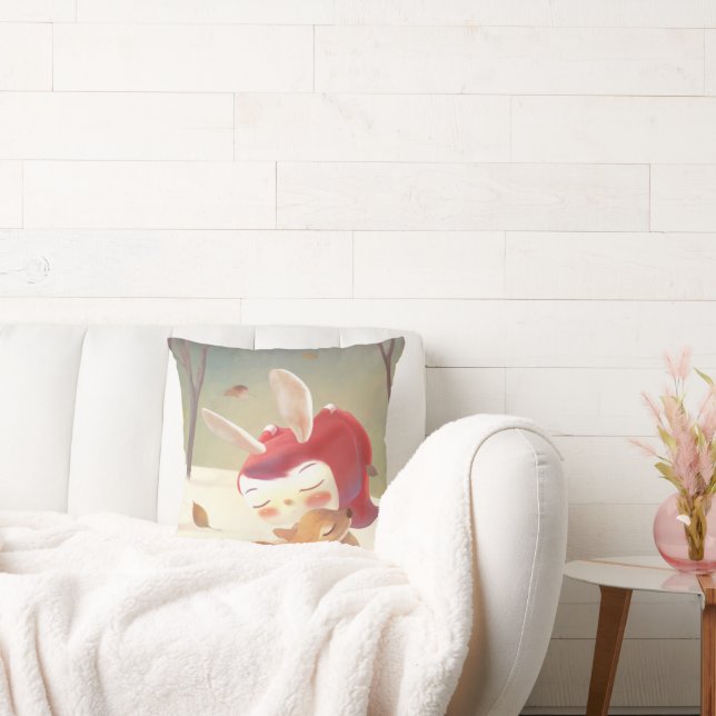 Coussin Étreinte forestière : Fille lapin serrant un petit (Canapé)