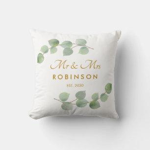 Coussin Eucalyptus Gold Script Mr et Mme Mariage Gift