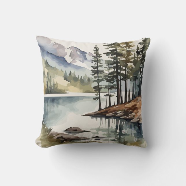 Coussin Évasion vers la nature | Aquarelle Montagne rustiq (Recto)