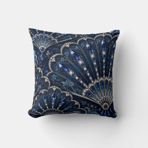 Coussin Éventails en dentelle argentée bleu saphir