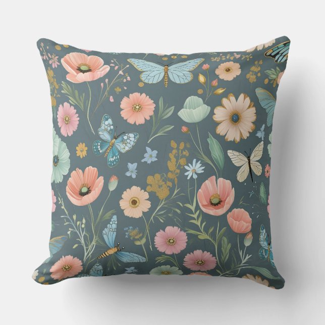 Coussin Explosion de jardin de papillons | Fleurs pastel f (Recto)